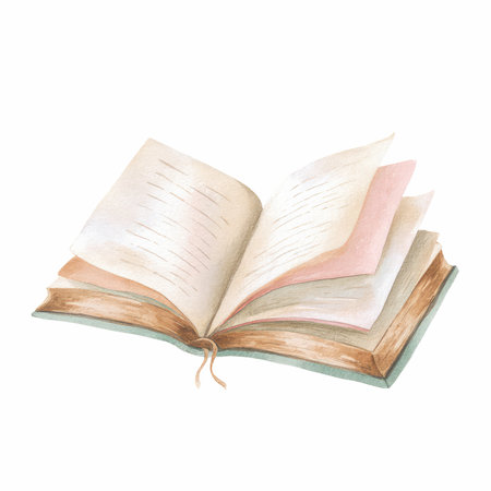 This hand-painted illustration depicts an open book with blank pages, perfect for artistic or educational projects. Ideal for various design uses.の写真素材
