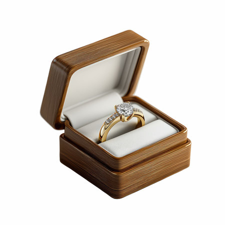 Wedding ring in a wooden box isolated on white background.