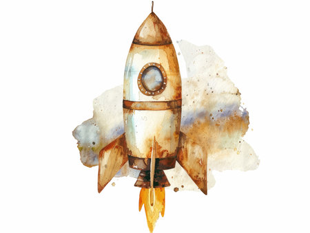 Watercolor rocket on a white background. Hand drawn illustration for your designの写真素材
