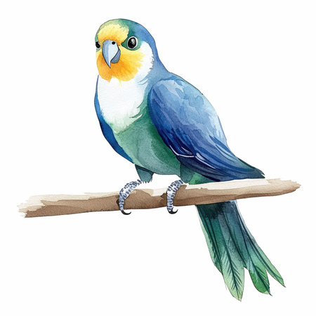 Watercolor parrot on a branch isolated on white background. Hand drawn illustration