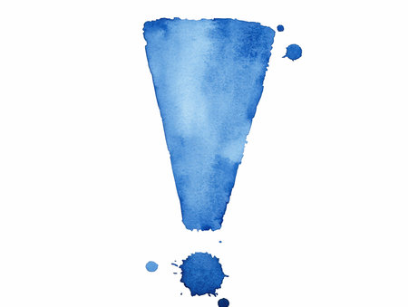 Blue watercolor exclamation mark on white background. Vector illustration.の写真素材