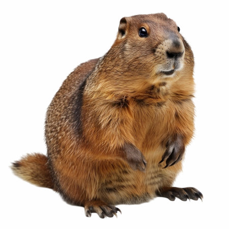 This photorealistic image showcases a groundhog sitting on a clean white background, capturing its...
