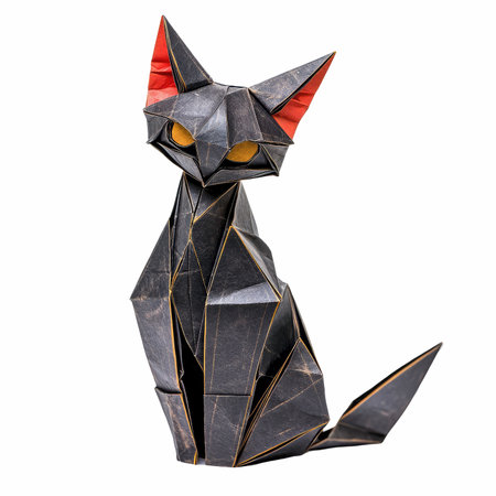 Origami cat made of black paper isolated on a white background.の写真素材