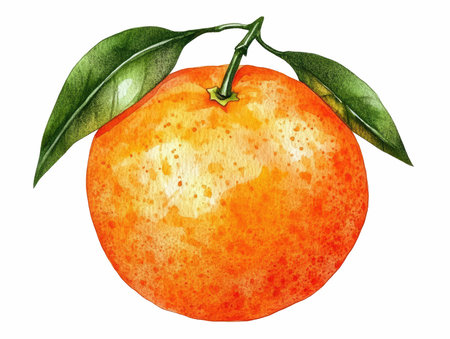 Watercolor illustration of a tangerine with leaves on a white backgroundの写真素材