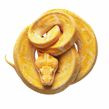 This image features a lifelike yellow snake coiled gracefully against a clean white background,...