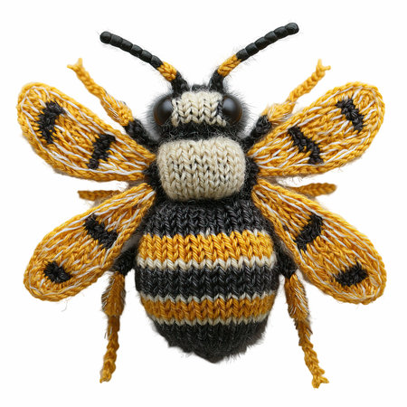Explore a charming knitted bee showcasing a blend of brown, yellow, and black colors. This handcrafted insect art highlights intricate patterns and textures, perfect for nature-inspired decor.の写真素材