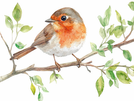 Watercolor robin bird on branch. Hand painted illustration isolated on white backgroundの写真素材