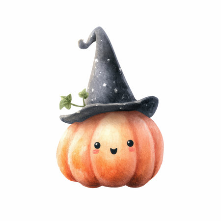 This delightful illustration features an adorable pumpkin with a happy face wearing a whimsical wizard hat, perfect for seasonal decoration.の写真素材