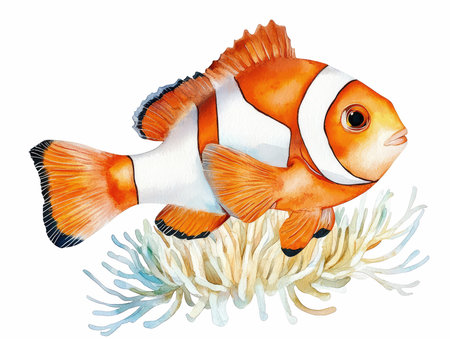 Clown anemone fish on anemone. Watercolor illustrationの写真素材