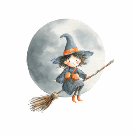 Whimsical illustration of a cheerful little witch joyfully flying on her broomstick against a moonlit backdrop. Perfect for children&#39;s art.の写真素材