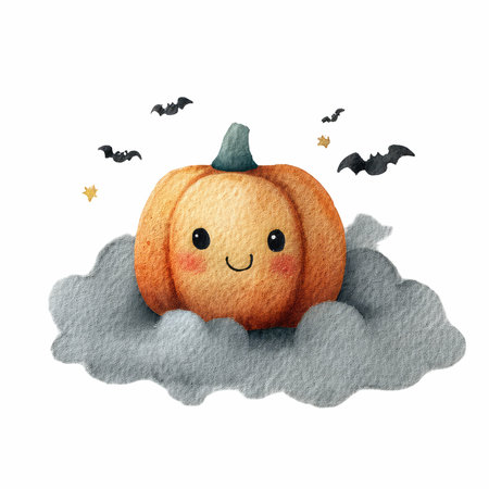 This charming watercolor illustration features a cute pumpkin with a happy expression, nestled in soft clouds and surrounded by playful bats. Perfect for seasonal celebrations!の写真素材