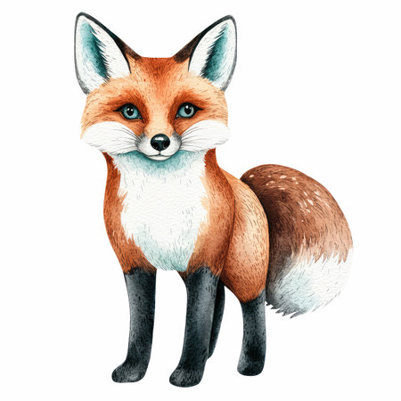 Hand drawn watercolor illustration of a red fox isolated on white background