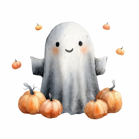This delightful watercolor illustration features a friendly ghost surrounded by adorable pumpkins, making it a perfect choice for Halloween-themed projects and decor.の写真素材