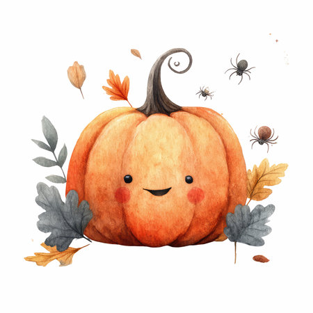 This charming watercolor illustration features a smiling pumpkin surrounded by autumn leaves and playful bugs, capturing the essence of fall.の写真素材