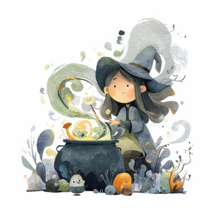 This delightful watercolor illustration captures a happy young witch joyfully brewing potions in a whimsical forest setting, evoking charm and creativity.の写真素材