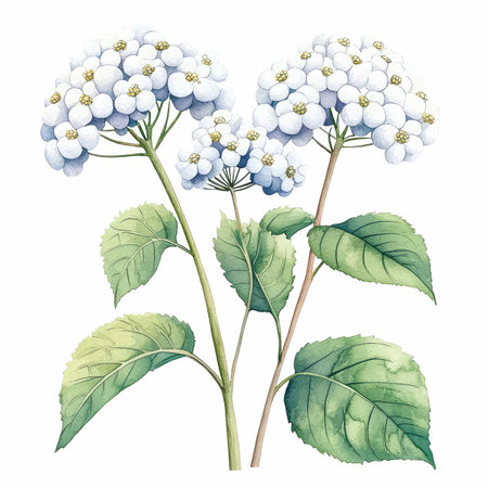 Watercolor illustration of hydrangea flowers on a white background