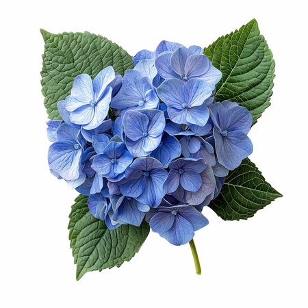 Blue hydrangea flowers with leaves isolated on white background.
