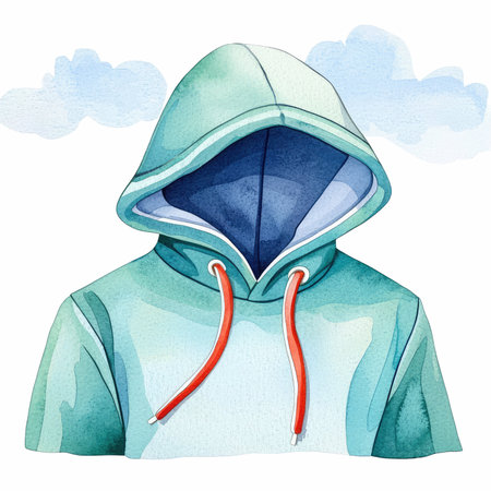 Watercolor illustration of a man in a hooded sweatshirt on a white backgroundの写真素材