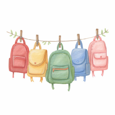 This hand-painted illustration features a charming display of colorful backpacks in pastel shades, perfect for school or outdoor adventures.の写真素材