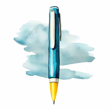 Watercolor hand drawn pen on blue watercolor background. Vector illustration.の写真素材