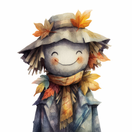 This delightful watercolor illustration features a cute scarecrow adorned with autumn leaves, perfect for Halloween or seasonal decor.の写真素材