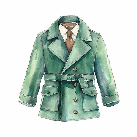 Green jacket with a tie. Watercolor illustration on a white backgroundの写真素材