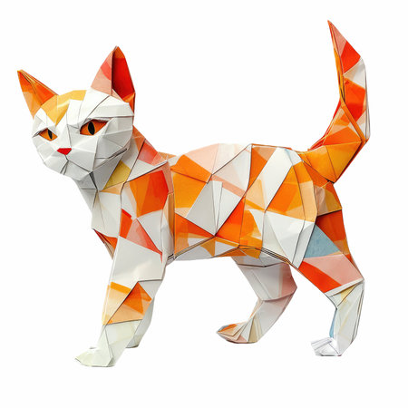 Colorful origami cat isolated on white background with clipping path.の写真素材