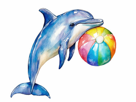 watercolor illustration of a dolphin with a ball on a white backgroundの写真素材