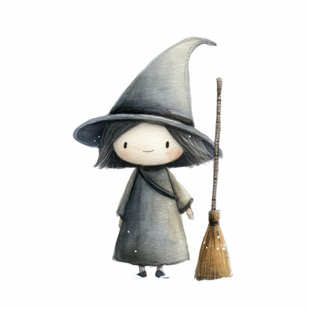 Cute little witch with broom isolated on white background. Watercolor illustrationの写真素材
