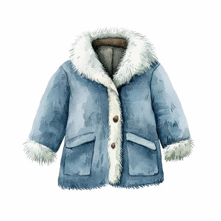 Blue winter jacket with fur. Watercolor illustration isolated on white backgroundの写真素材