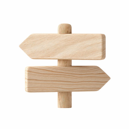 A wooden signpost featuring two blank arrows, perfect for direction and guidance in nature or urban...