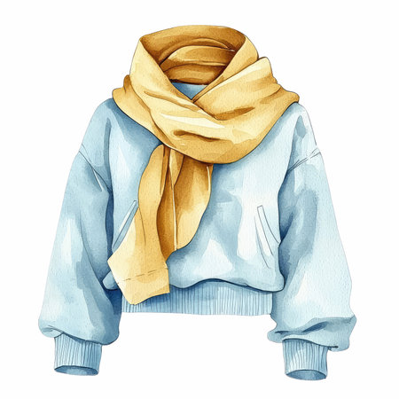 A cozy blue sweater paired with a warm yellow wrap scarf, perfect for chilly days. This stylish and comfortable apparel is ideal for trendy winter outfits.の写真素材