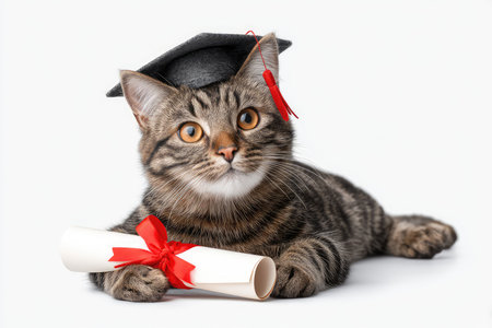 An adorable cat wearing a graduation cap proudly holds a rolled diploma tied with a red ribbon, symbolizing achievement and celebration.の写真素材
