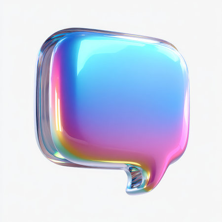 A vibrant 3D chat bubble icon featuring smooth glossy reflections and a shiny surface, perfect for modern communication themes and graphic designs.の写真素材