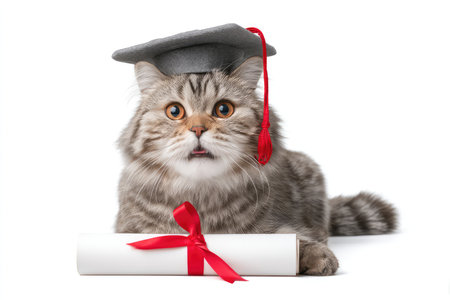 A delightful image of a cute cat wearing a graduation cap, proudly holding a rolled diploma with a red ribbon, capturing a memorable moment of achievement.の写真素材