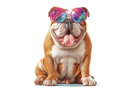 This image features a cheerful bulldog sitting comfortably, sporting oversized neon sunglasses. A perfect blend of humor and charm, it captures the playful essence of pets, ideal for fun-themed projects.の写真素材