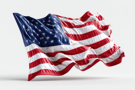 This 3D render showcases the United States flag in a graceful motion, emphasizing the intricate details of its design, colors, and symbolic representation.の写真素材