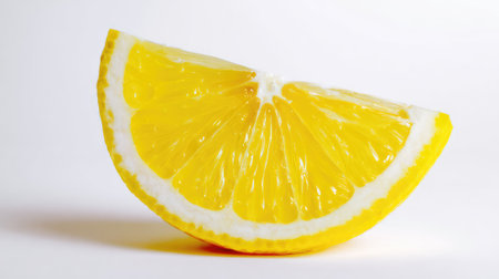 A bright and vibrant slice of lemon isolated on a pristine white background. Perfect for culinary, graphic design, or health-related themes.の写真素材