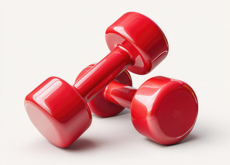This image features a pair of bright red dumbbells isolated on a transparent background, perfect for any fitness or exercise-related project.の写真素材