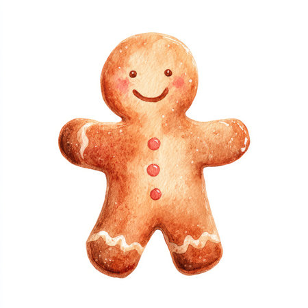 Adorable gingerbread man illustration, perfect for seasonal decor and crafts. A charming, smiling character on a white background ideal for festive settings.の写真素材