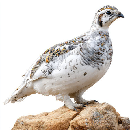 A stunning image of an isolated rock ptarmigan perched on a stone, featuring intricate feather patterns and a captivating natural setting. Perfect for wildlife enthusiasts and nature lovers.の写真素材