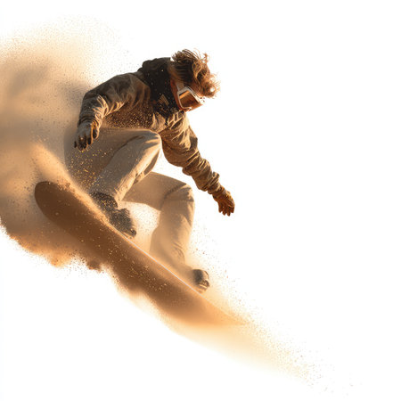 Capture the thrill of sandboarding with this isolated action shot featuring a rider kicking up dust in mid-air. Perfect for adventure and sports projects.の写真素材