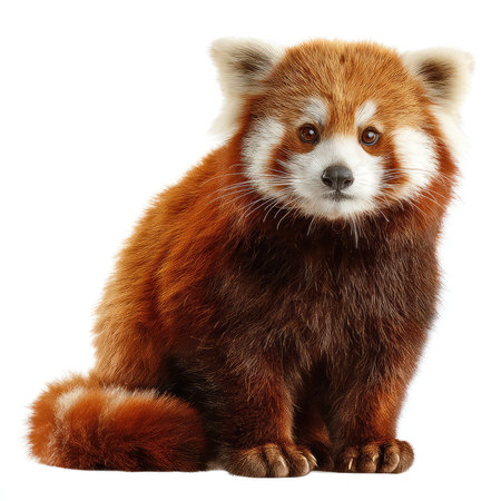 This high-quality image features a cute red panda isolated on a white background, capturing its charming expression and fluffy fur. Perfect for wildlife and nature themes.の写真素材