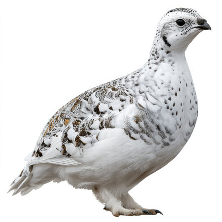 Captivating image of an isolated rock ptarmigan bird showcasing its delicate feather details against a pristine white background. Ideal for nature lovers.の写真素材