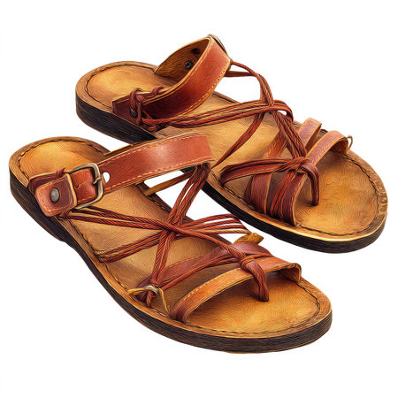 Discover a pair of stylish brown sandals showcasing a unique design set against an isolated background. Perfect for fashion or casual wear concepts. Elegant and comfortable, these sandals enhance any summer outfit.の写真素材