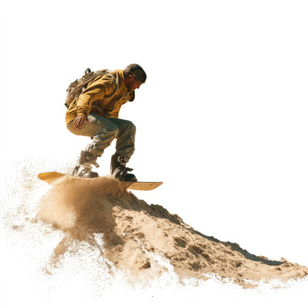 Experience the thrill of sandboarding in an isolated desert environment, capturing dynamic action and excitement against a stunning sandy backdrop.の写真素材