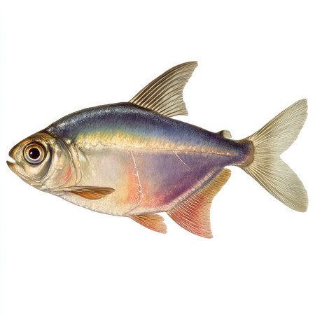 This isolated high-quality cutout showcases a tetra fish with vibrant colors and intricate details, perfect for nature and aquatic-themed projects.の写真素材