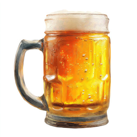 Enjoy a high-quality image of a frosty glass of beer, complete with foam and bubbles, perfect for various beverage-themed projects.の写真素材