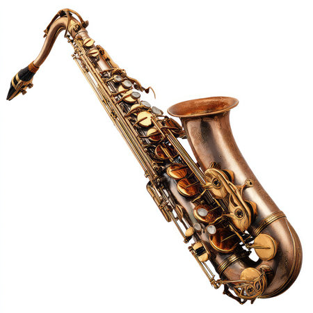 This high-quality isolated cutout image showcases an elegant saxophone, ideal for music-related projects. Perfect for designs that celebrate the art of music and performance.の写真素材