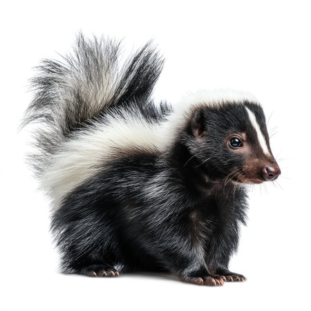 This high-quality image features an isolated cutout of a skunk with striking black and white fur. The animal displays its unique markings against a white background, showcasing its curious expression. Ideal for wildlife education and nature-themed projects.の写真素材